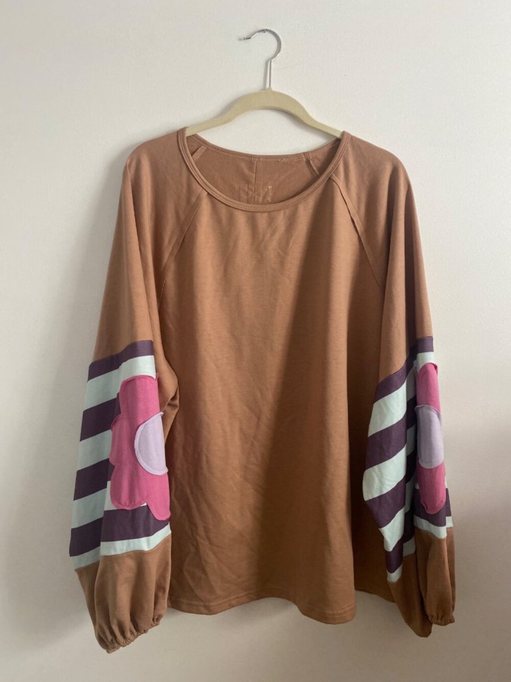 Boho Long Sleeve Tan Top With Striped Floral Balloon Sleeves Size 3X